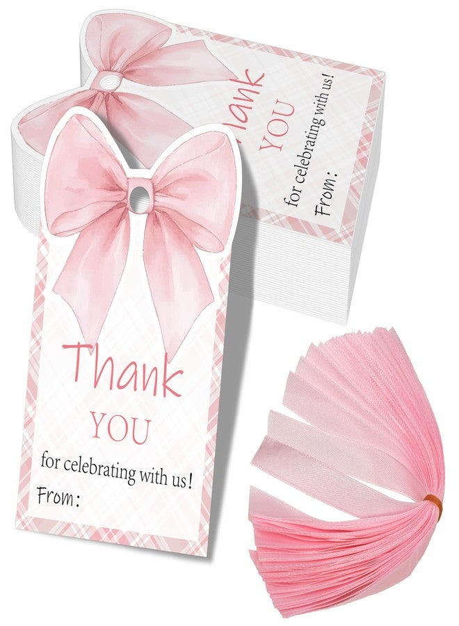 Aukolass 50 Pcs Pink Bow Thank You Gift Tags with Ribbon, Thank You for Celebrating with Us Tags for Coquette Baby Shower Birthday Party Favors Decoration (Pink Ribbon, 2.3 * 3.6) - Image 1